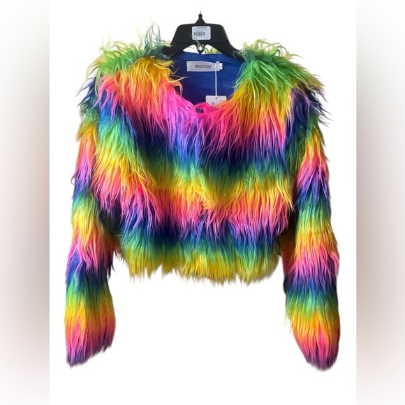 Rainbow Faux Fur Cropped Festival Rave Jacket NWT - Picture 2 of 5